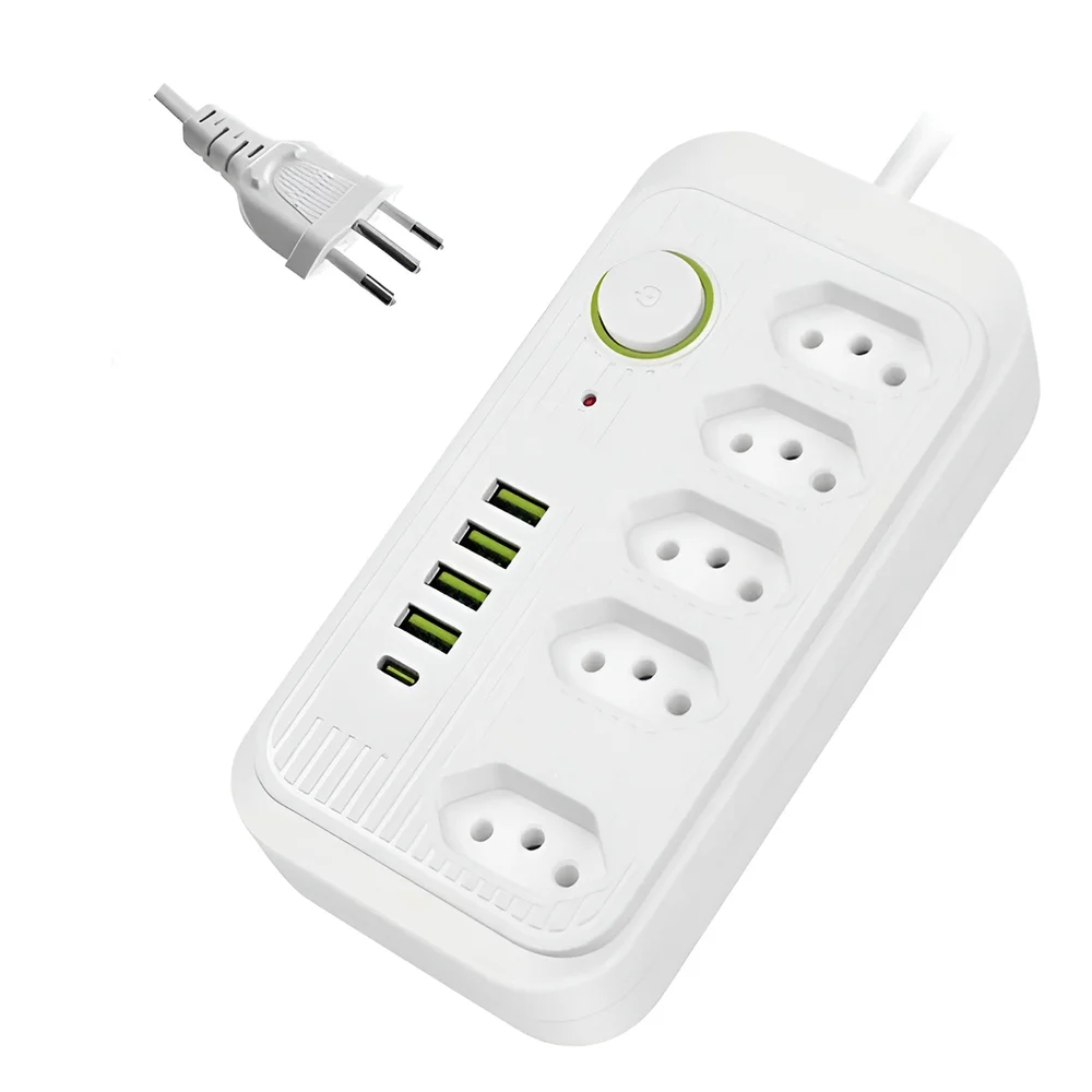 Filtro De Linha Com Entrada Tipo C Extensão Elétrica Com 5 Usb E Tomadas Bivolt