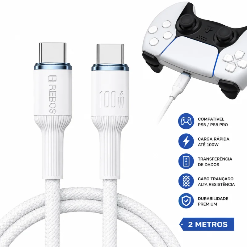 Imagem 4 de 5 do produto Cabo de carregamento Carregador Usb-c Compatível Para Controle Ps5 E Ps5 Pro 2 Metros soft white CB-374C Cor Branco