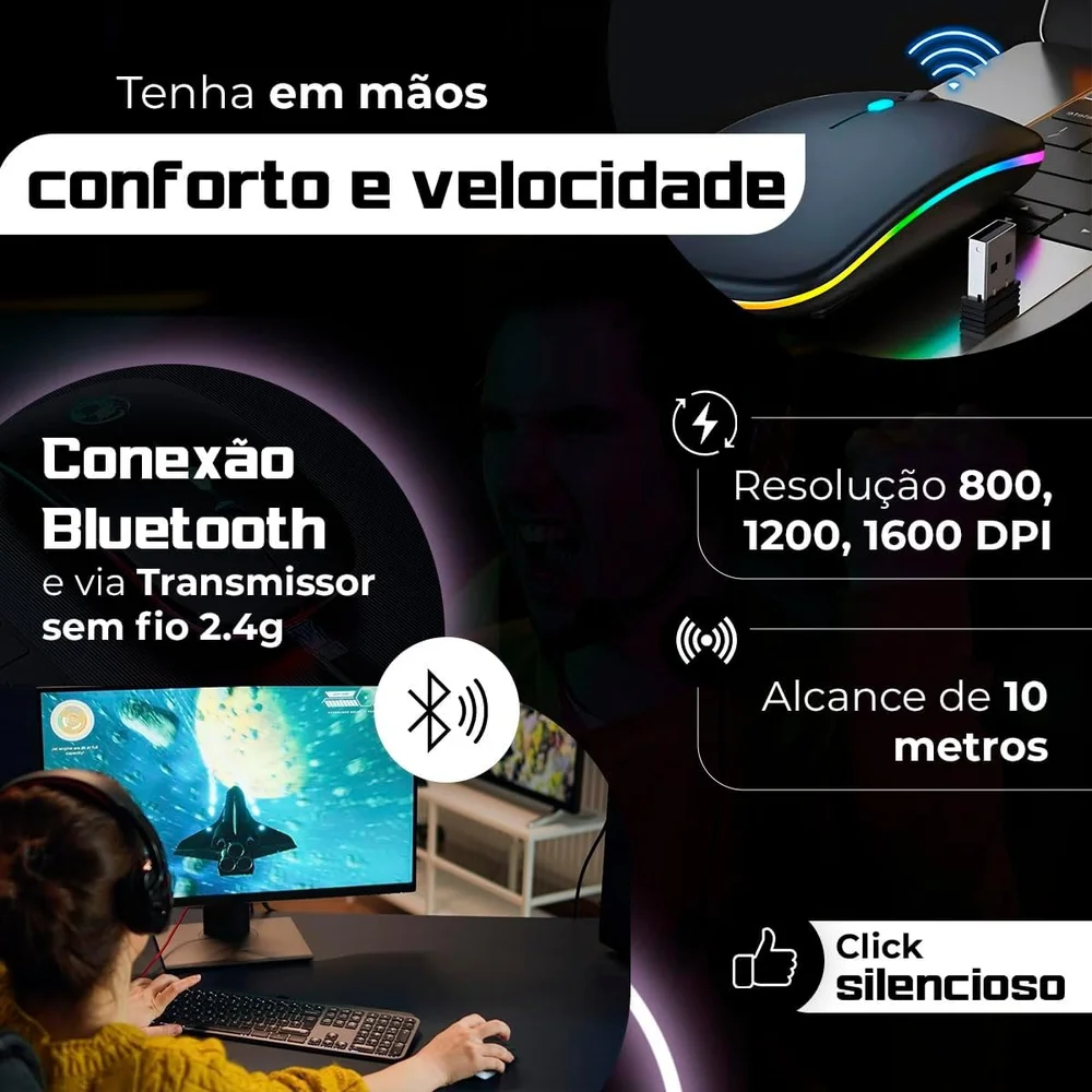Imagem 3 de 5 do produto Mouse Sem Fio Slim RGB Recarregável Wifi/bluetooth 1600dpi