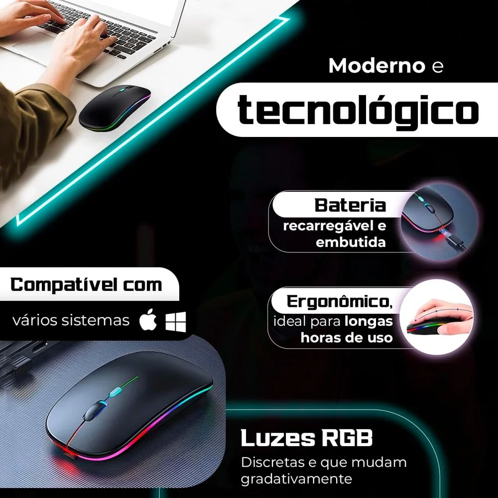 Imagem 5 de 5 do produto Mouse Sem Fio Slim RGB Recarregável Wifi/bluetooth 1600dpi