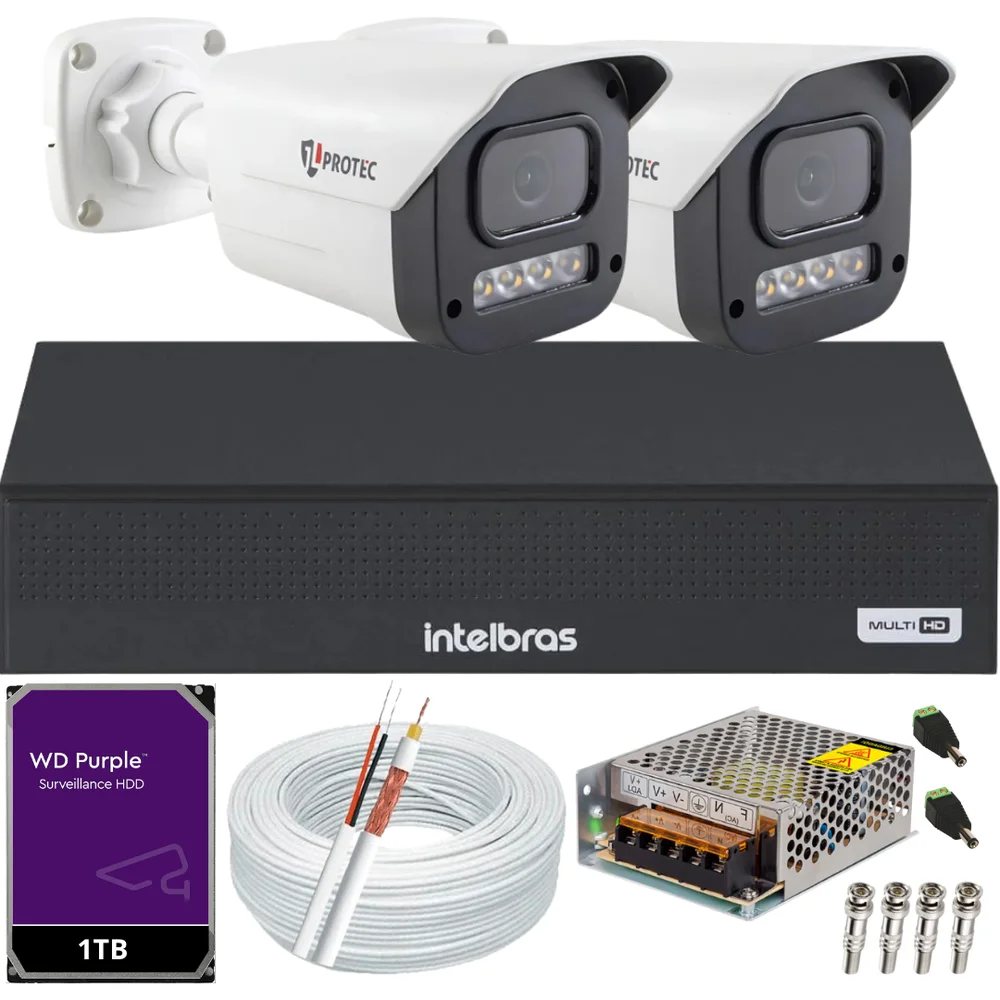 Imagem 1 de 5 do produto Kit 2 Câmeras 1080p Full Color C/áudio Dvr Intelbras 4ch 1TB Purple