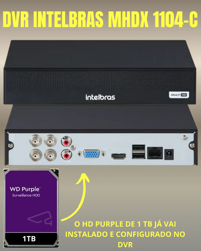 Imagem 4 de 5 do produto Kit 2 Câmeras 1080p Full Color C/áudio Dvr Intelbras 4ch 1TB Purple