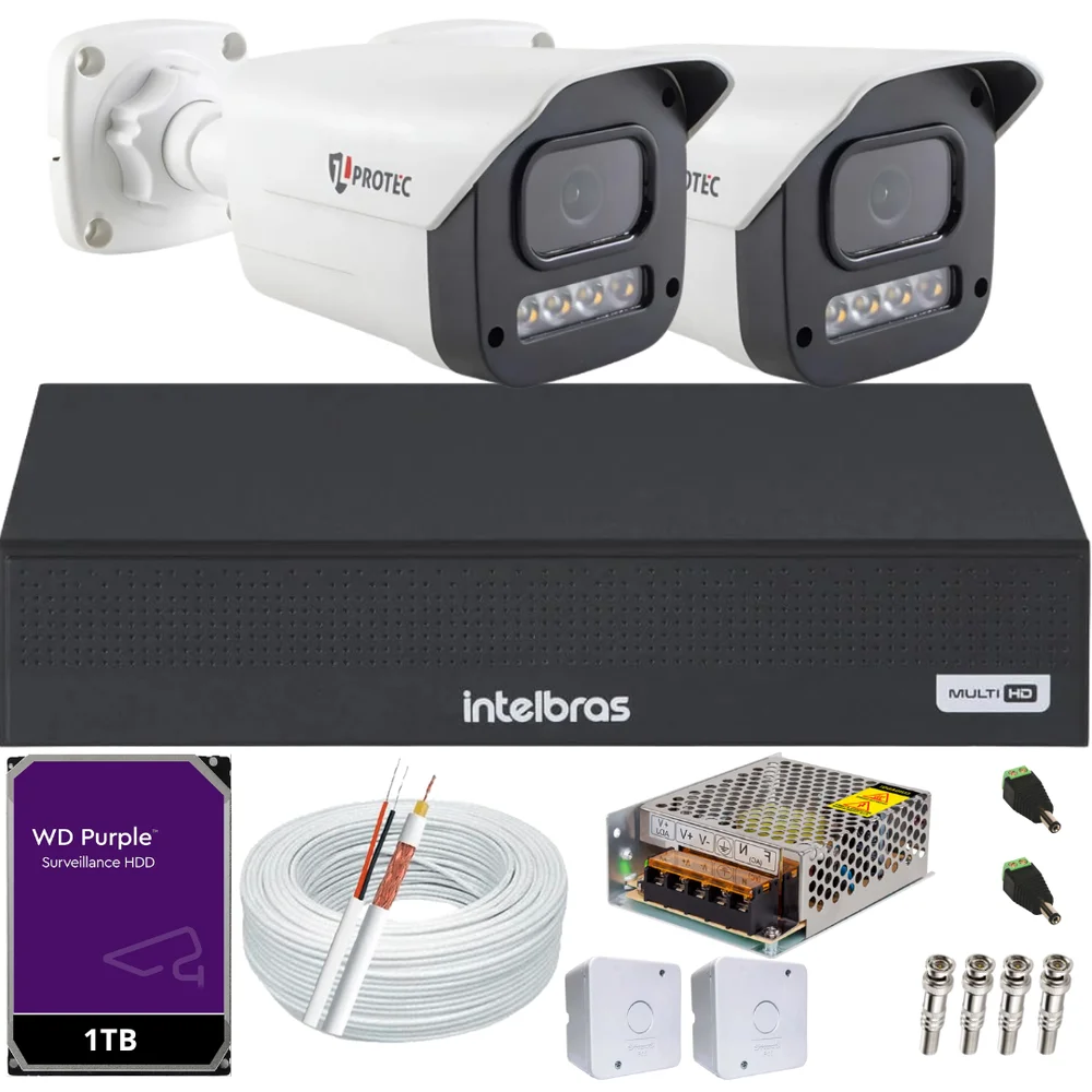Imagem 1 de 5 do produto Kit 2 Câmeras 1080p Full Color C/áudio Dvr Intelbras 4ch 1TB Purple