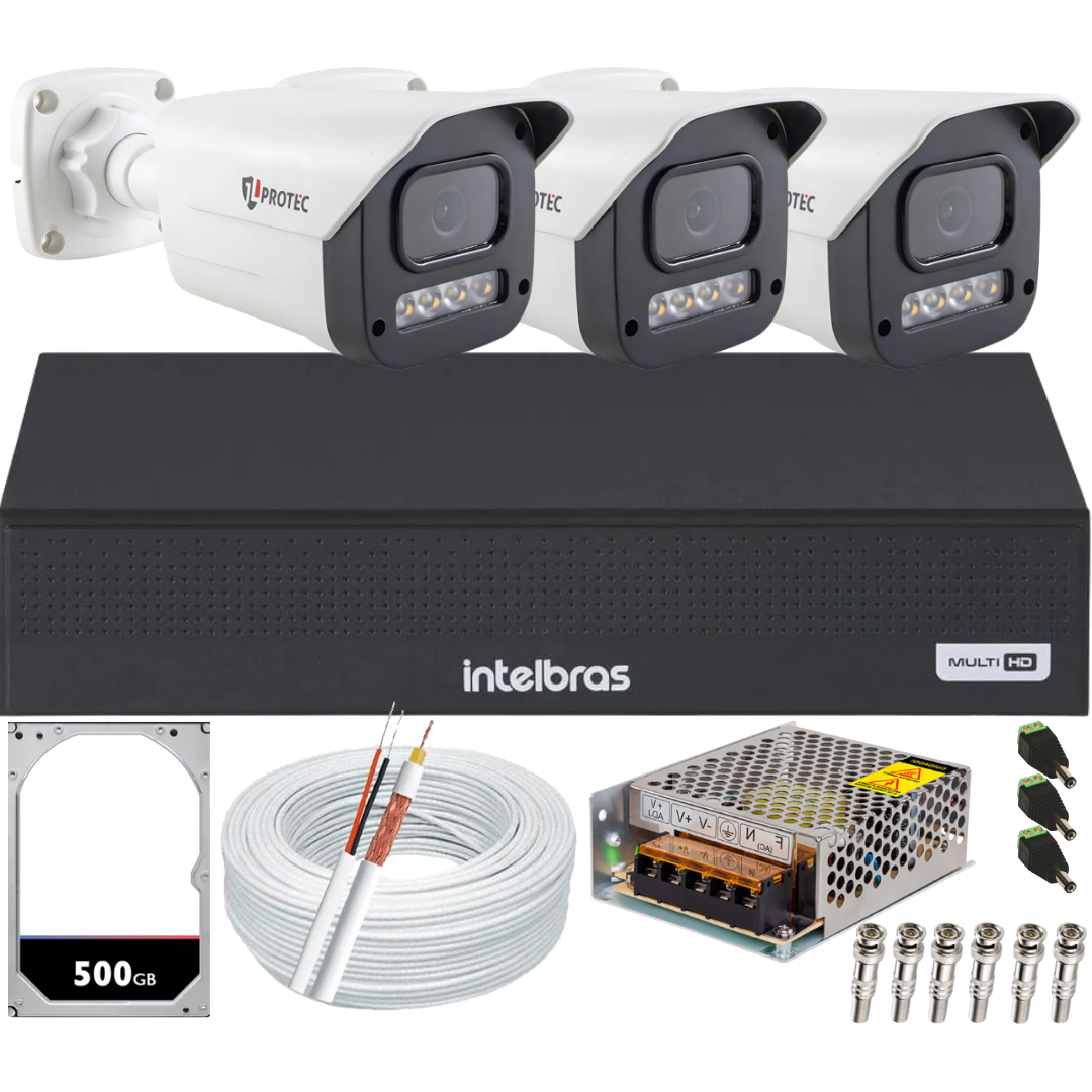 Kit 3 Câmeras 1080p Full Color C/áudio Dvr Intelbras 4ch 500gb