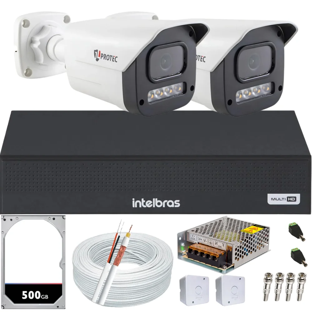 Imagem 1 de 5 do produto Kit 2 Câmeras 1080p Full Color C/áudio Dvr Intelbras 4ch 500gb