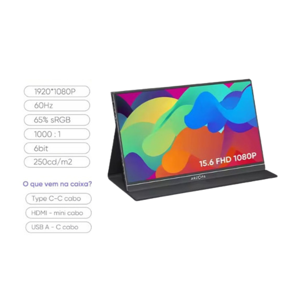 Monitor Portátil Gamer Arzopa S1 Table 15.6  Ips Full Hd Preto com Capa