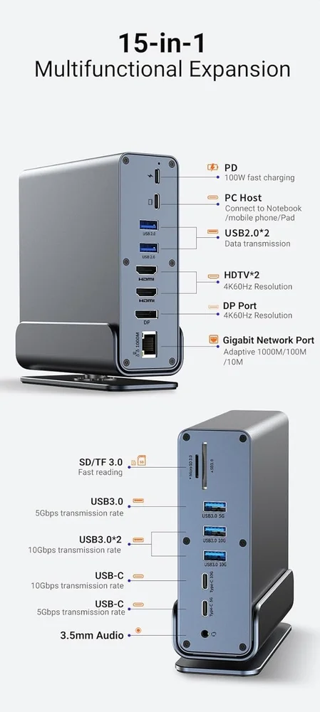 Imagem 5 de 5 do produto Dock Station 15 Em 1 Usb-c Com Portas Dp HDMI Sd/tf Macbook Pro/air
