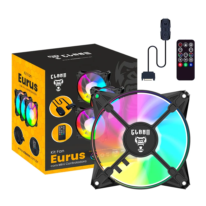 Kit Cooler Fan ARGB Clanm Eurus Com Controladora e Controle Remoto - 3 Unidades 120mm 4