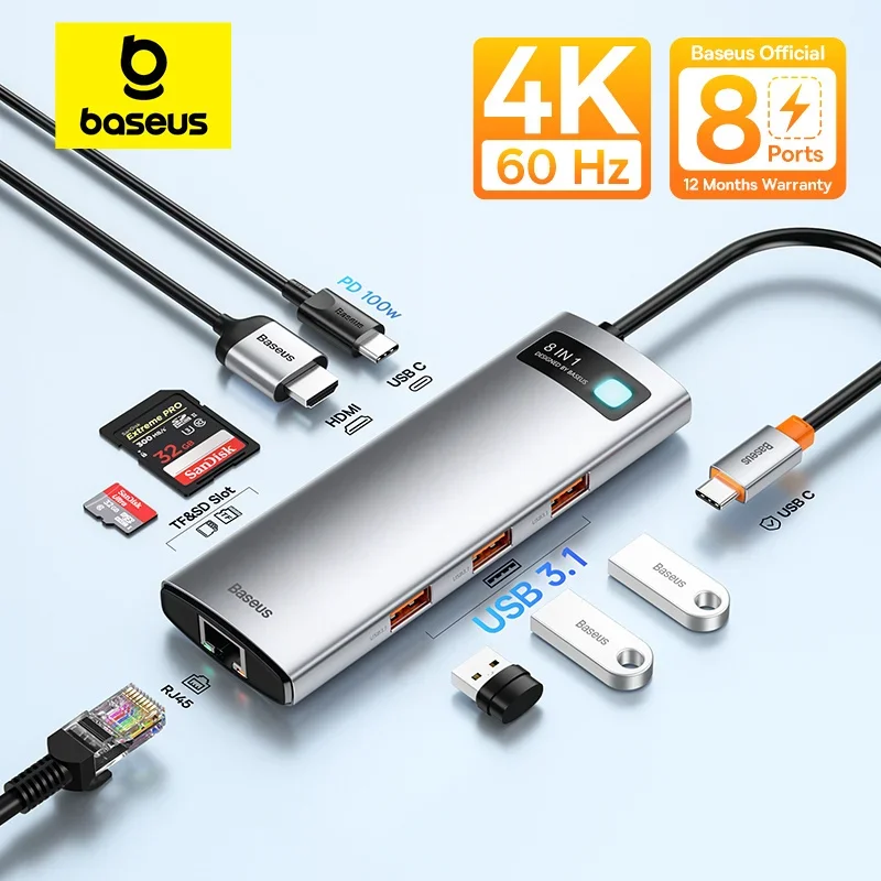 Imagem 2 de 5 do produto HUB Multifuncional Baseus Metal Gleam 8 Em 1 Azul (USB-C para HDMI*1+USB3.0*3+PD*1+RJ45*1+SD/TF*1)