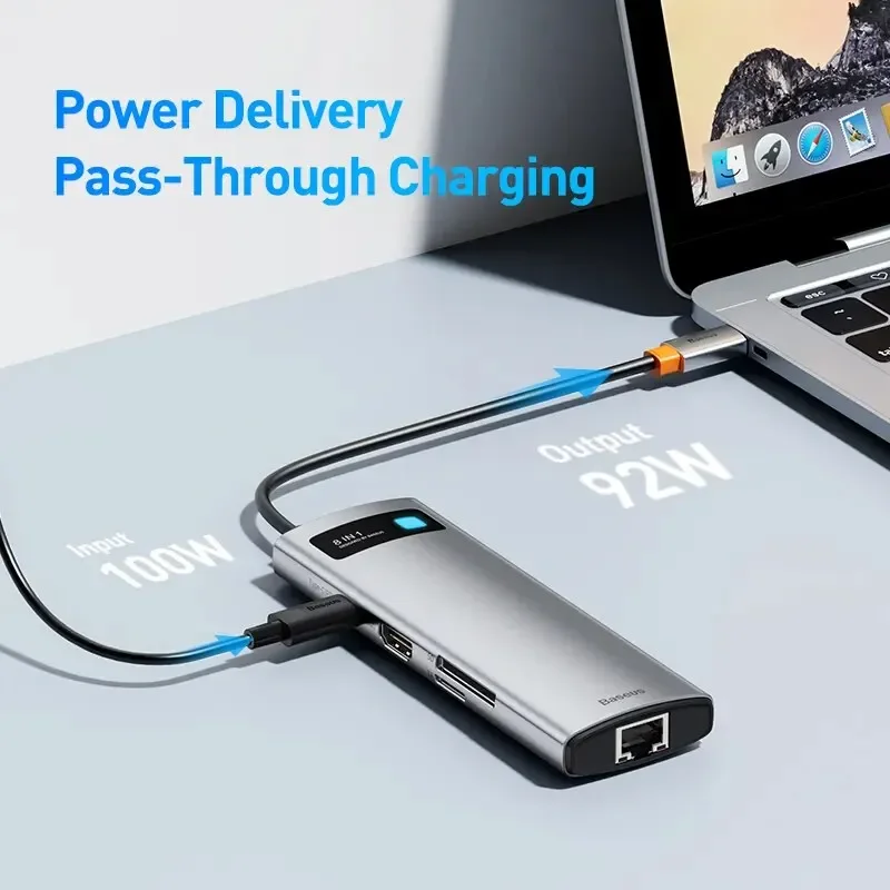 Imagem 3 de 5 do produto HUB Multifuncional Baseus Metal Gleam 8 Em 1 Azul (USB-C para HDMI*1+USB3.0*3+PD*1+RJ45*1+SD/TF*1)