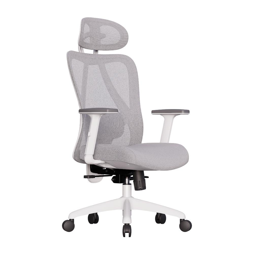 Cadeira De Escritório Ergonomica Premium Samaia Apoio Cabeça Revestido, Encosto Ajustável Com Apoio Lombar- Branco E Cinza