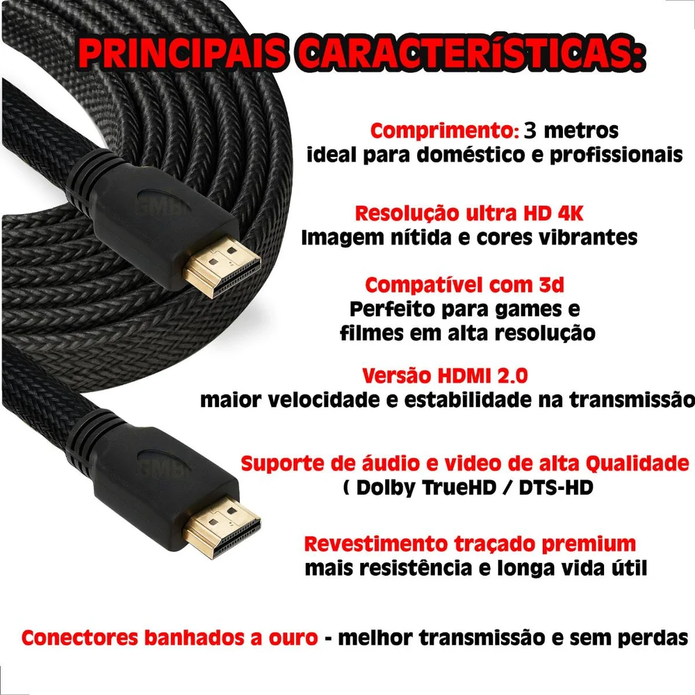 Imagem 2 de 5 do produto Cabo HDMI 2.0 3metros 4k Full Hd Nylon 3d Tv Ps4 Ps5 XBOX Versão 2.0