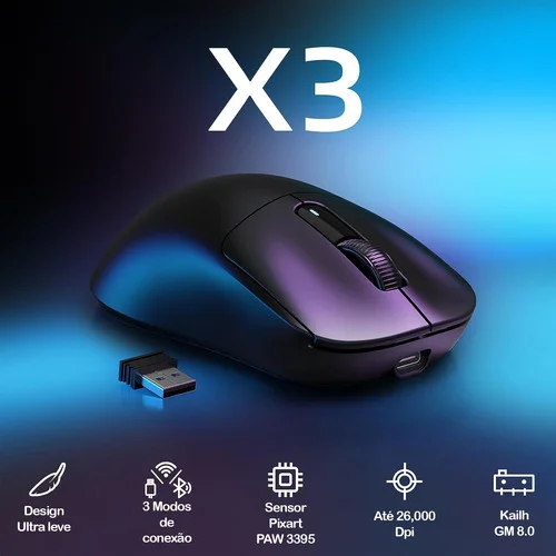 Mouse Gamer Sem Fio Bluetooth 2.4g Attack Shark Paw3395 X3 Preto