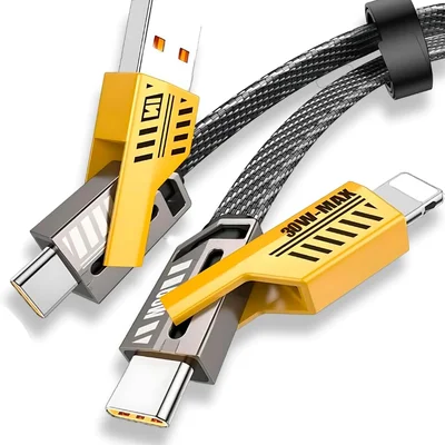 Cabo 4 Em 1 Reforçado 65w Turbo Com Conectores Lightning, Tipo-c E Usb-a | Compatível Com Iphone, Android, Ipad, Macbook, Tablet E Notebook | 1 Metro | Nylon Trançado | Carregamento Rápido