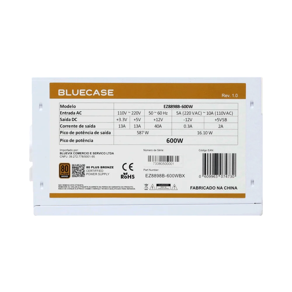 Imagem 5 de 5 do produto Fonte Bluecase 600w 80 Plus Bronze, Branco, Cabos Flat Atx