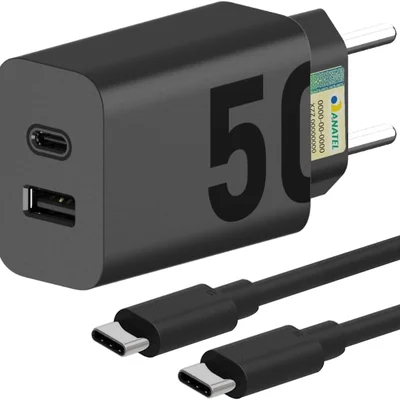 Carregador Premium Fast Turbo Rápido 50w Tipo C Usb-c Power Delivery Quick Charge Bivolt Com Cabo Compatível Iphone 15, 16, Android Entrada Tipo C Carga Ultra Rápida Tomada Celular