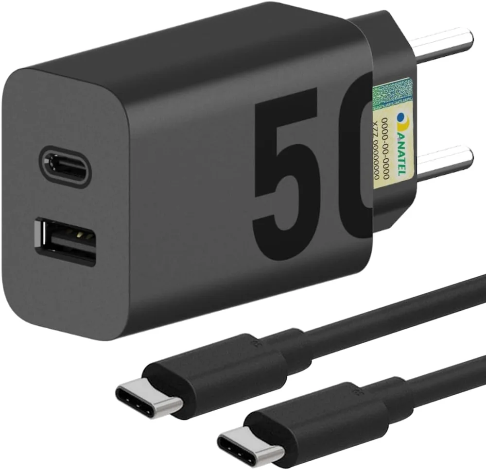 Carregador Premium Fast Turbo Rápido 50w Tipo C Usb-c Power Delivery Quick Charge Bivolt Com Cabo Compatível Iphone 15, 16, Android Entrada Tipo C Carga Ultra Rápida Tomada Celular