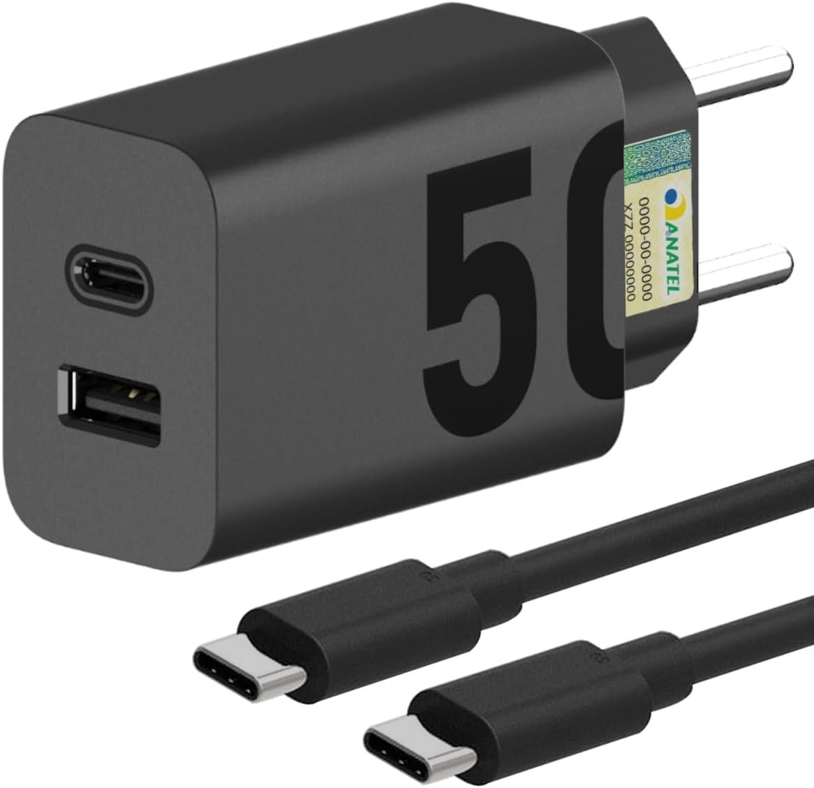 Carregador Super Turbo 50w Ultra Rápido Tipo C E Usb Com Carregamento Rápido + Cabo Tipo C Compatível Com Todos Aparelhos Type C