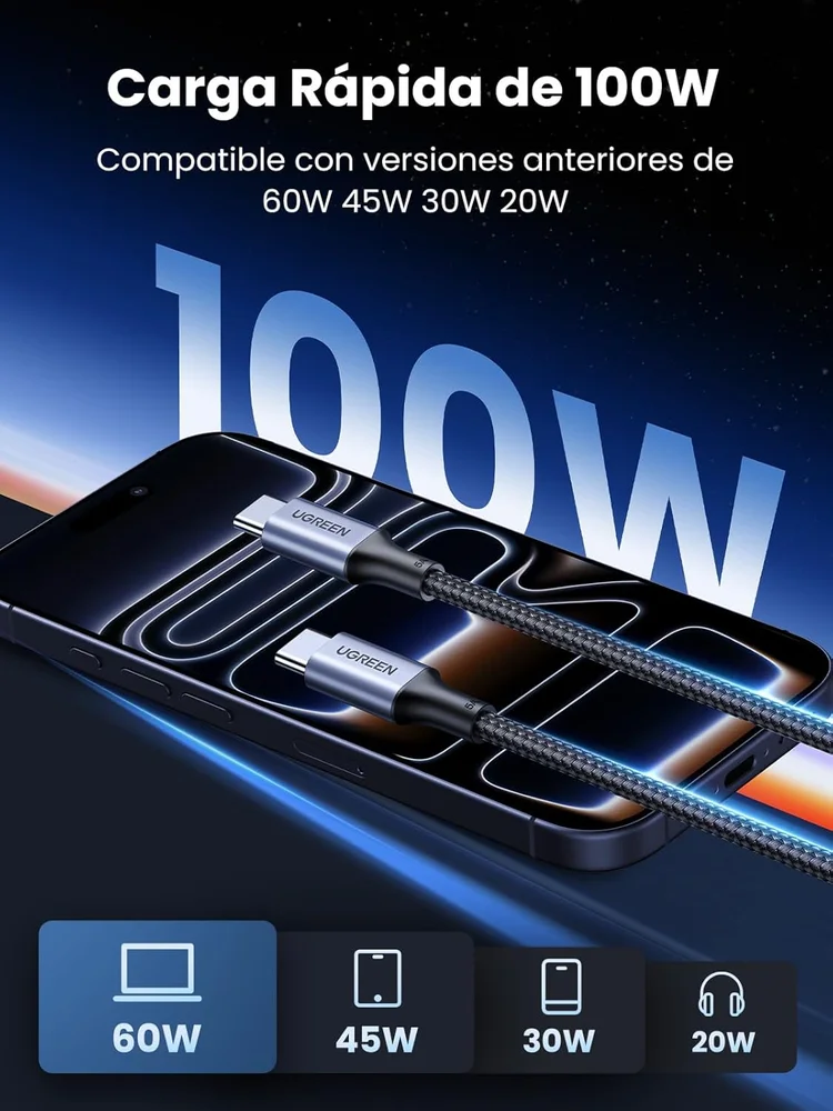 Imagem 5 de 5 do produto Cabo Rápido Ugreen 100w 20v 5a Usb C / Tipo C ( 2 Metros - Em Nylon Trançado ) Carregamento Compatível Iphone 17 16 15 Pro Max Plus Air, Galaxy S25 S24 S23, Pixel 10, Macbook Ipad, Etc.