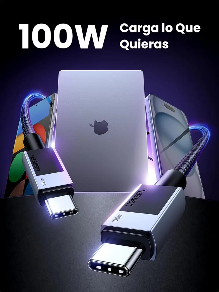 Imagem 2 de 5 do produto Ugreen Cabo Usb-c / Tipo C 100w 5a 20v ( 2 Metros - Nylon Trançado ) Carregamento Rápido Compatível Iphone Air 17 16 15 Plus Pro Max Galaxy S25 S24 S23 Ultra Pixel 10 Macbook Ipad Etc.