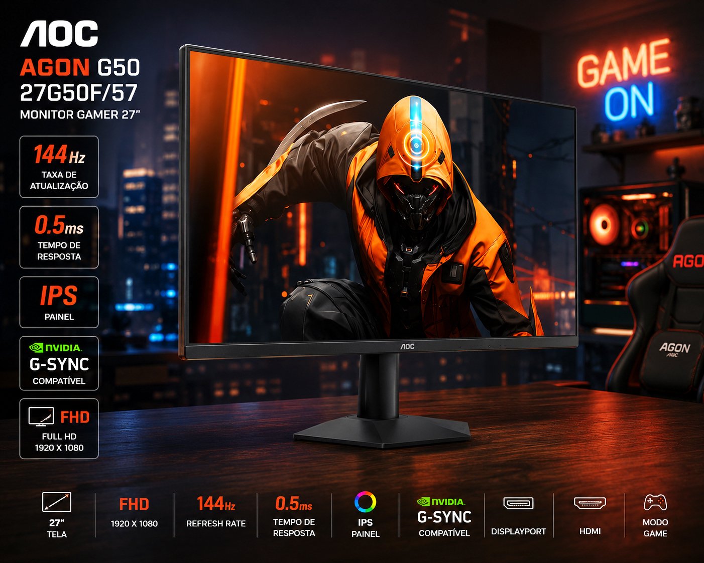 Monitor Gamer Aoc Agon G50 27" Full Hd Ips 144hz 0,5ms G-sync HDMI/displayport - 27g50f/57