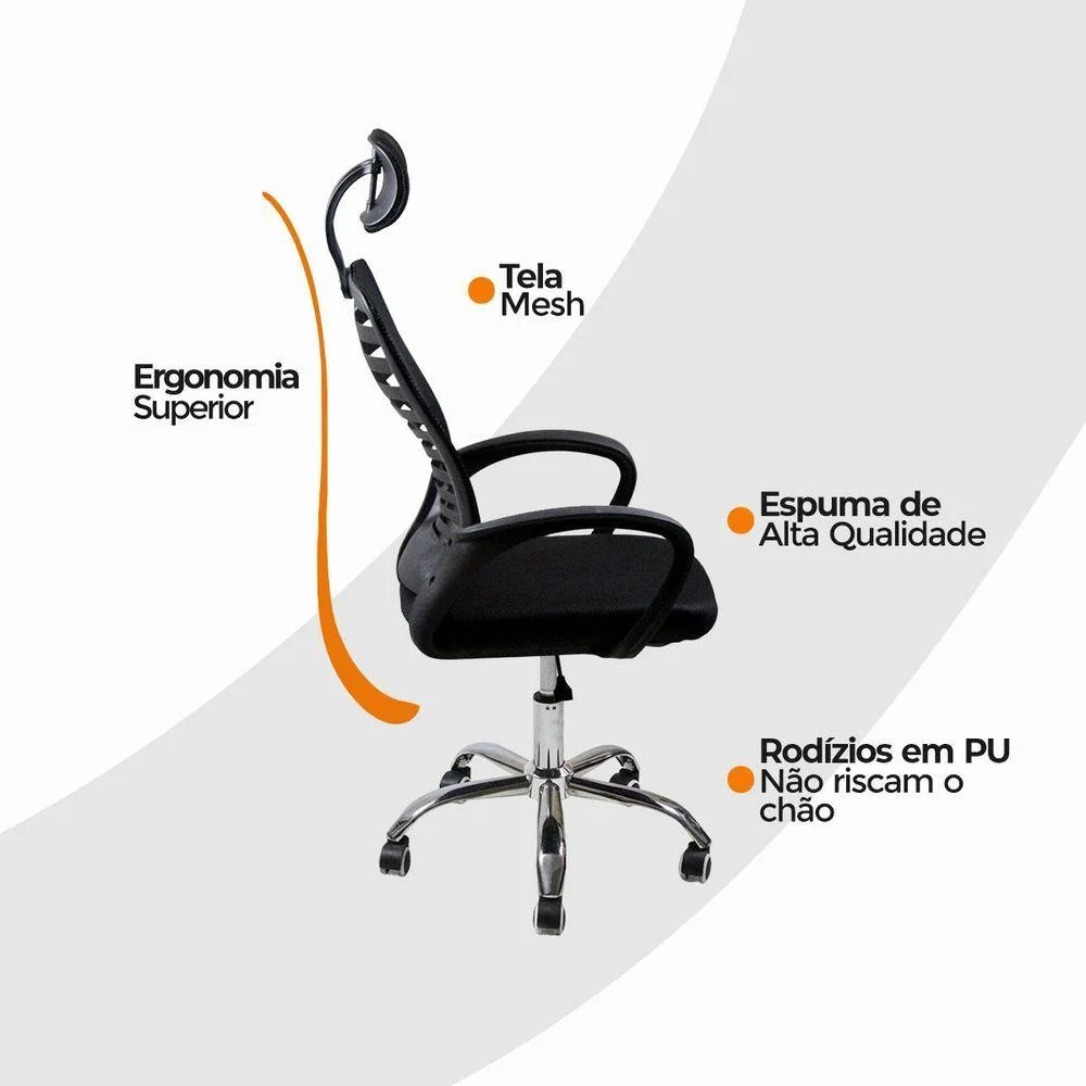 Imagem 3 de 5 do produto Cadeira Escritório Diretor Oficial Tela Mesh Base Giratória Com Encosto Unitário E Apoio Cabeça