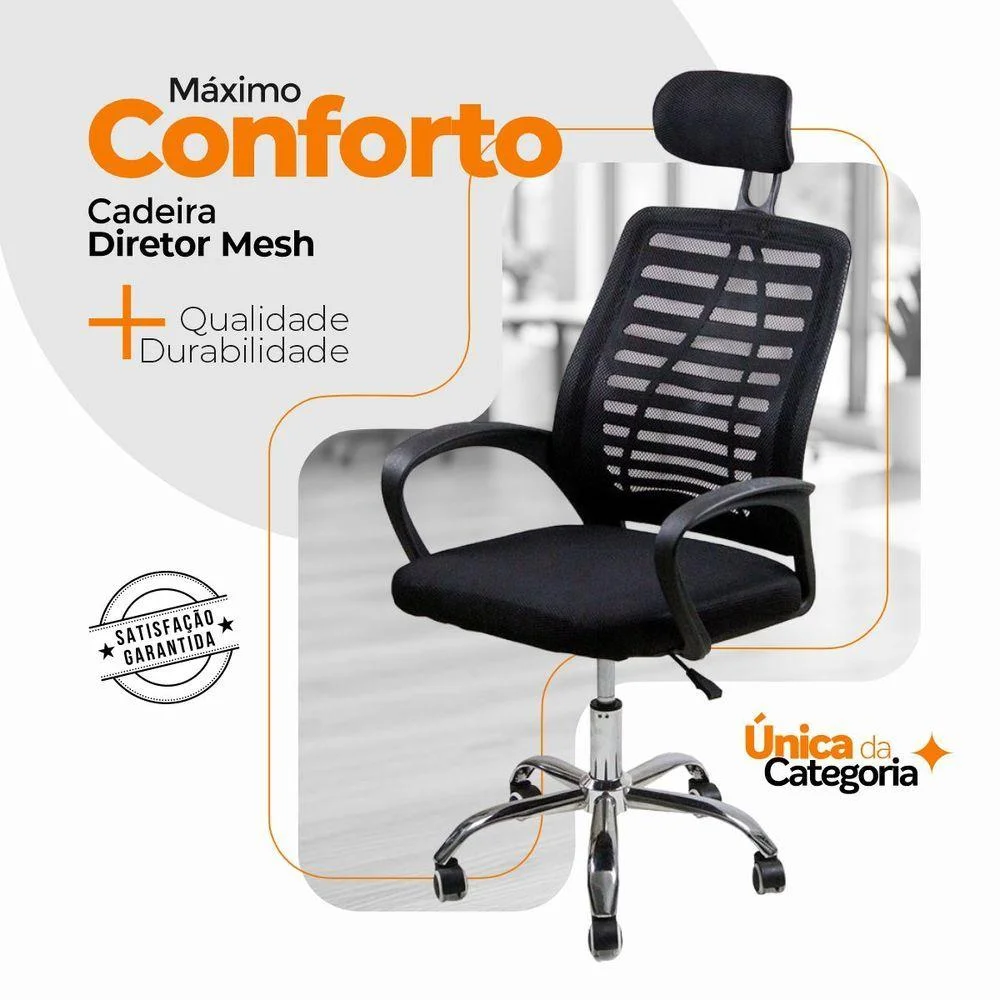 Imagem 4 de 5 do produto Cadeira Escritório Diretor Oficial Tela Mesh Base Giratória Com Encosto Unitário E Apoio Cabeça
