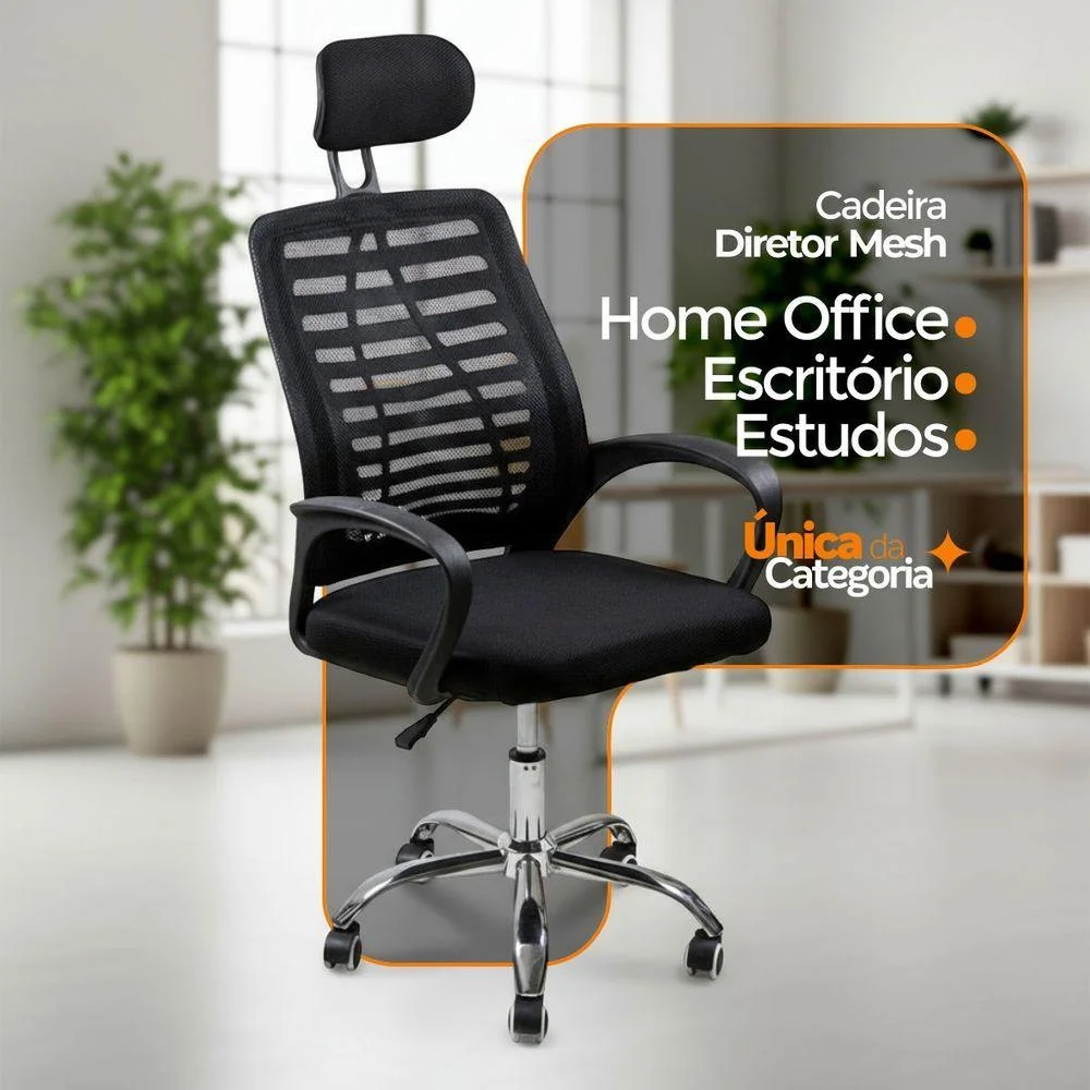 Imagem 5 de 5 do produto Cadeira Escritório Diretor Oficial Tela Mesh Base Giratória Com Encosto Unitário E Apoio Cabeça
