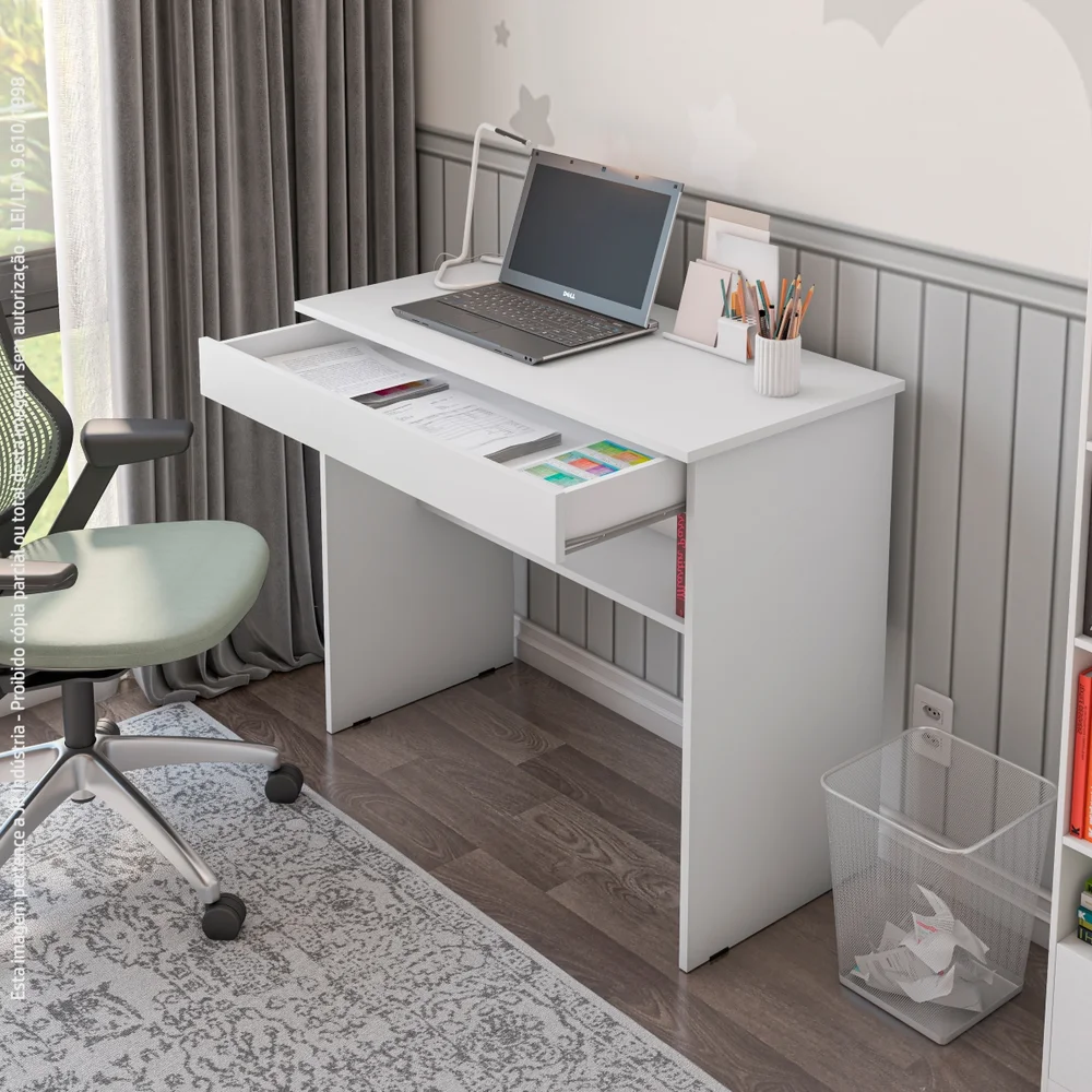 Imagem 2 de 5 do produto Escrivaninha Home Office Leve E Compacta Com 1 Gaveta E Prateleira Para Organização Cor Branco