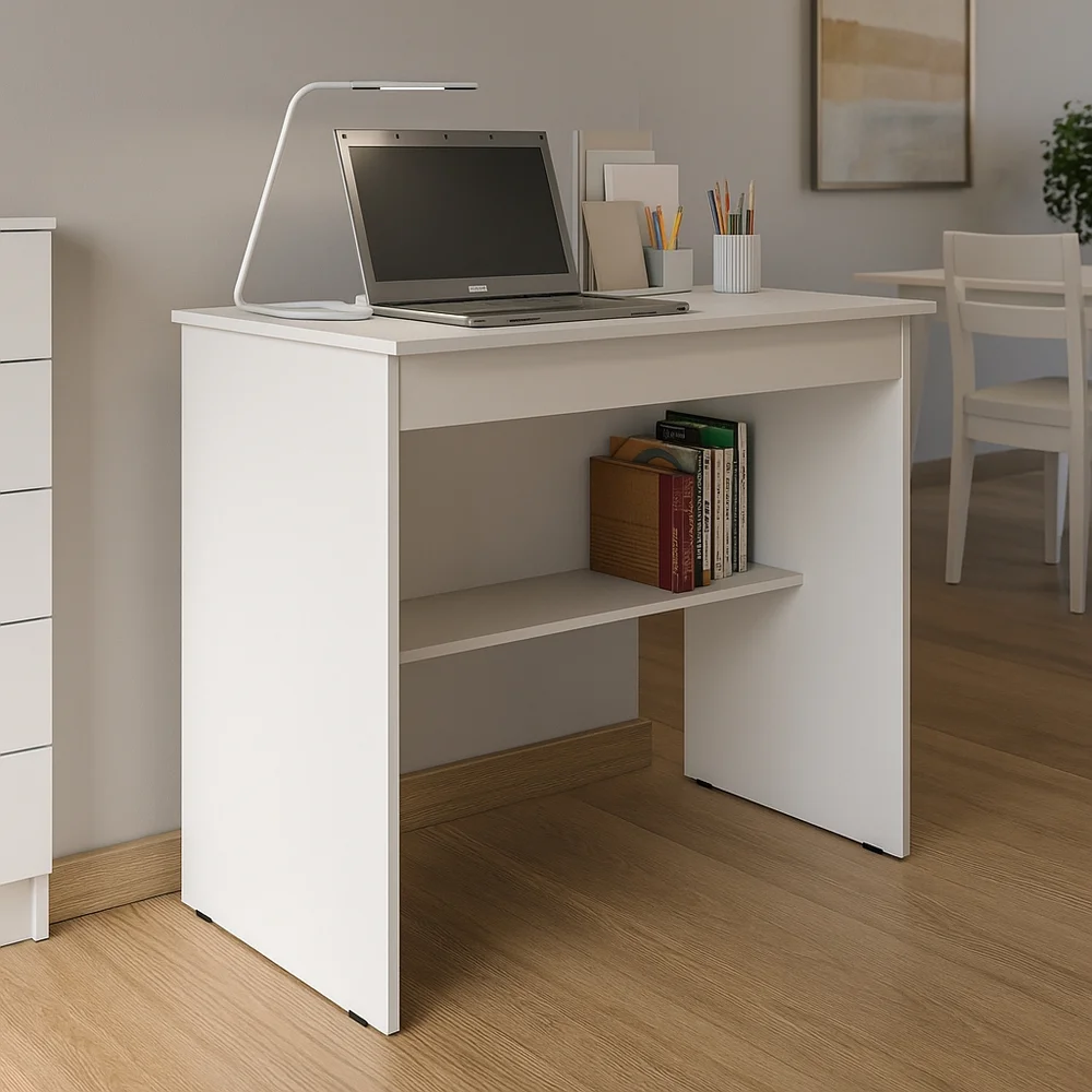 Imagem 3 de 5 do produto Escrivaninha Home Office Leve E Compacta Com 1 Gaveta E Prateleira Para Organização Cor Branco
