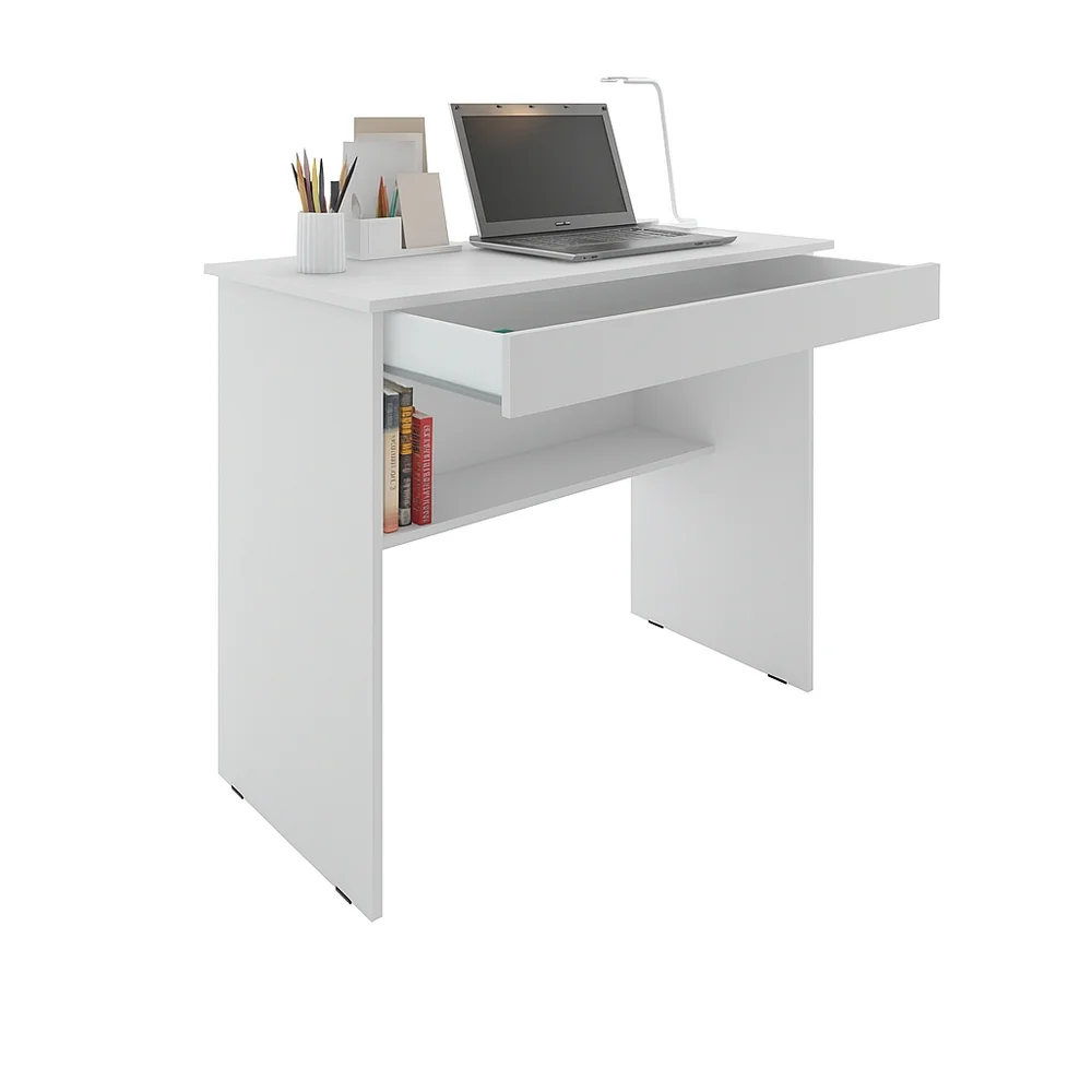 Imagem 4 de 5 do produto Escrivaninha Home Office Leve E Compacta Com 1 Gaveta E Prateleira Para Organização Cor Branco