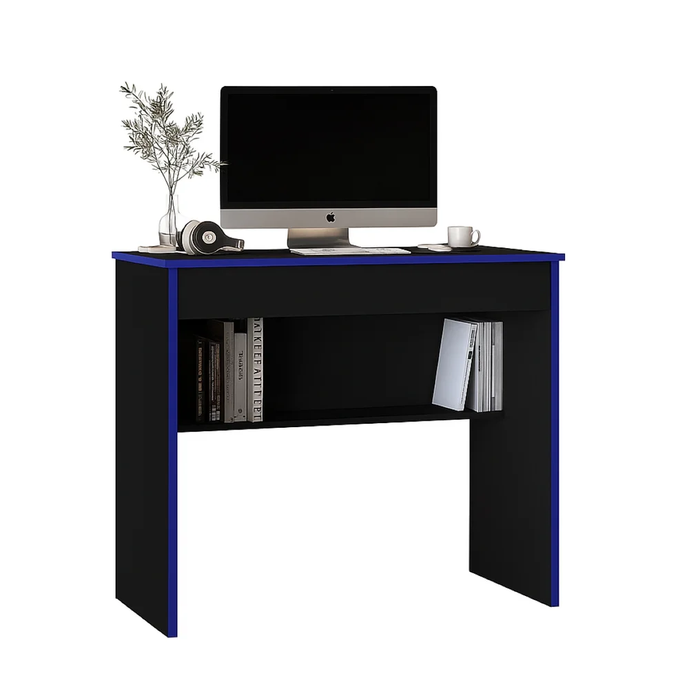 Imagem 1 de 3 do produto Escrivaninha Gamer Leve E Compacta Com 1 Gaveta E Prateleira Para Organização Cor Preto Com Azul