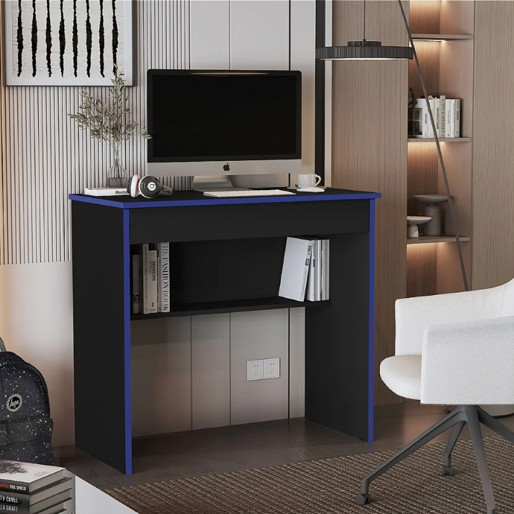 Imagem 2 de 3 do produto Escrivaninha Gamer Leve E Compacta Com 1 Gaveta E Prateleira Para Organização Cor Preto Com Azul