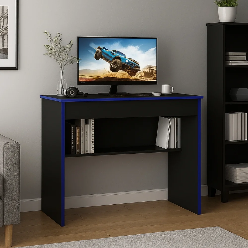Imagem 3 de 3 do produto Escrivaninha Gamer Leve E Compacta Com 1 Gaveta E Prateleira Para Organização Cor Preto Com Azul