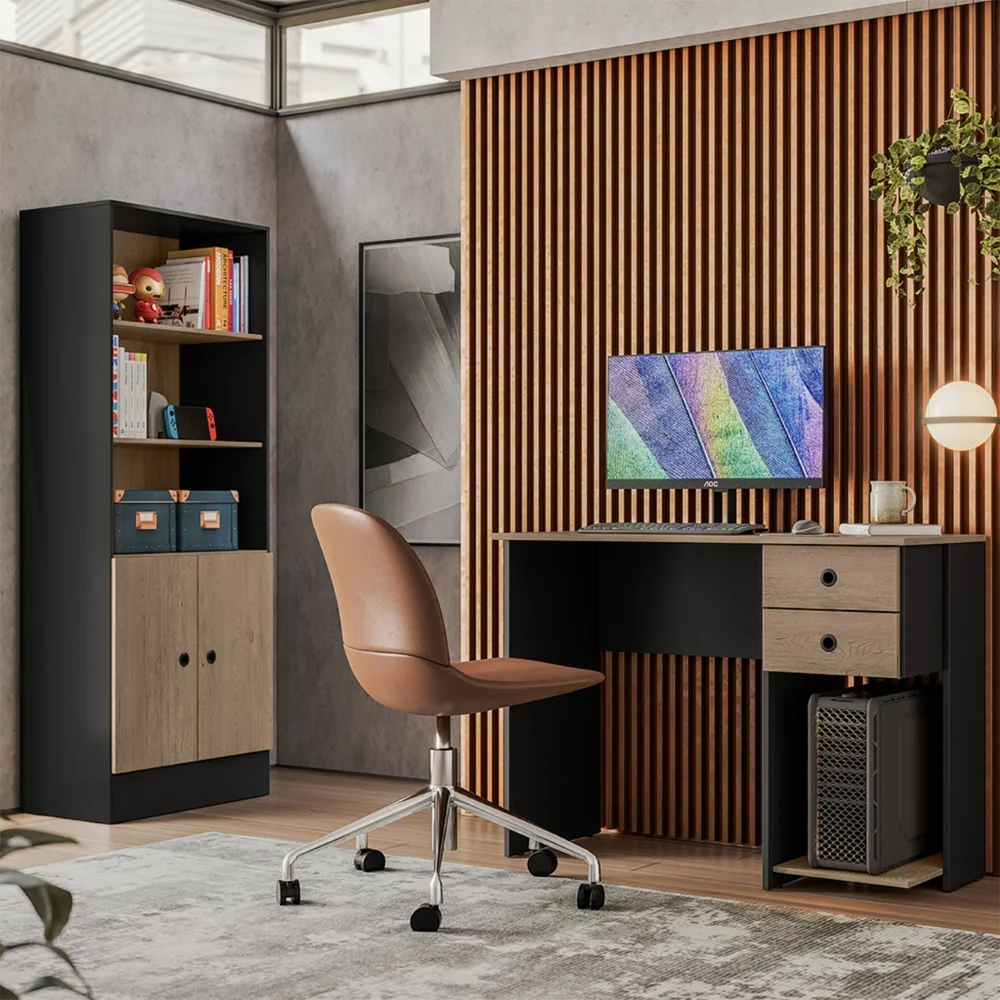 Imagem 2 de 4 do produto Escrivaninha Home Office Com 2 Gavetas E Espaço Para Gabinete Cor Preto Com Nature
