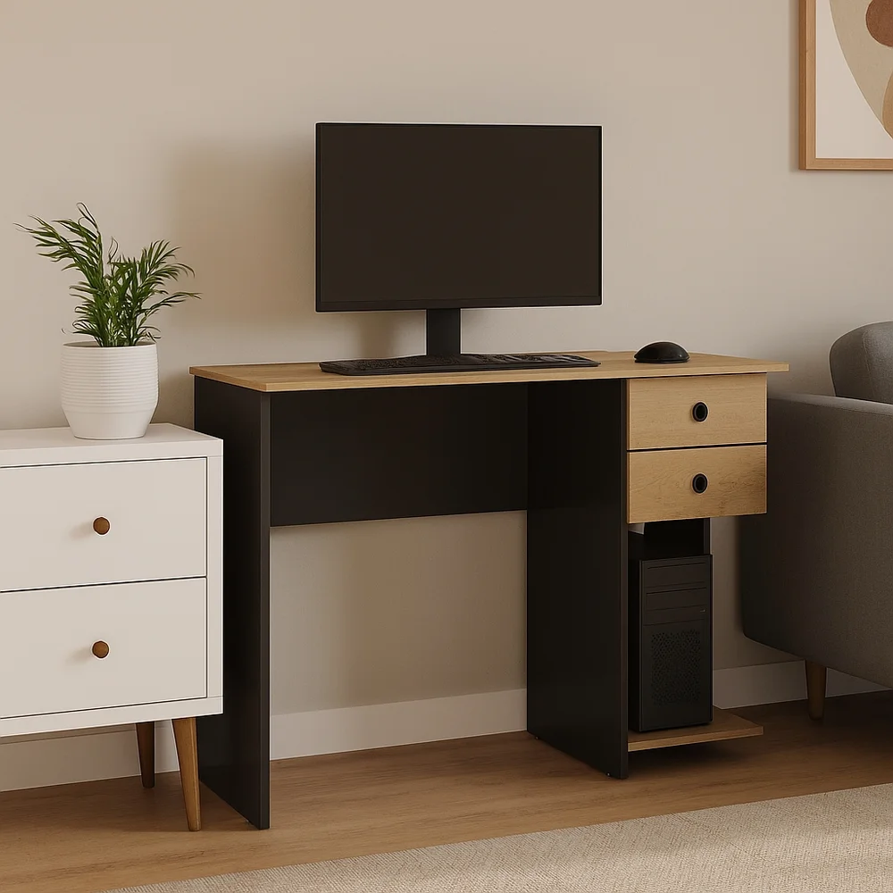 Imagem 4 de 4 do produto Escrivaninha Home Office Com 2 Gavetas E Espaço Para Gabinete Cor Preto Com Nature