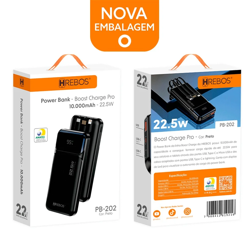 Imagem 3 de 5 do produto Carregador Power Bank Hrebos Pb-202 Turbo 10000mah 22.5w