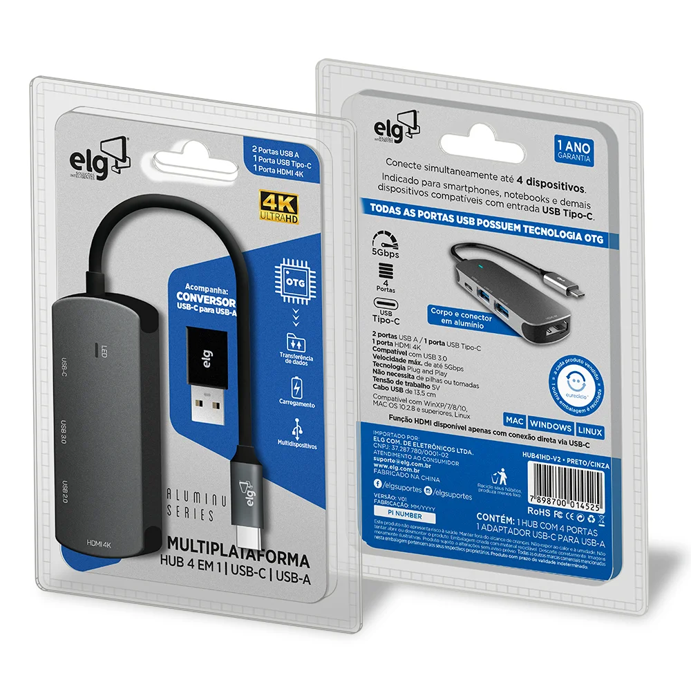 Imagem 3 de 5 do produto Adaptador Hub Usb-c 3.0, Expansão Com 4 Portas (inclui HDMI 4k), Transferência 5gbps, Hub41hd-v2, Elg