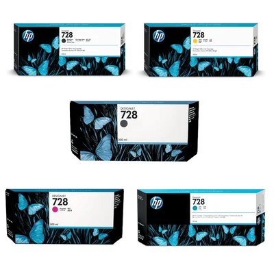 Cartucho De Tinta Hp 728 Kit 5 Cores Preto Fosco, Cinza, Magenta, Ciano, Amarelo | Plotter Hp Designjet T830 T730