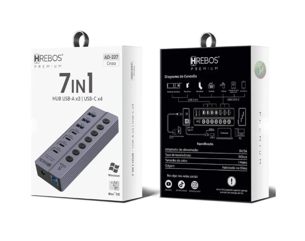 Imagem 2 de 5 do produto Hub Usb 3.0 7 Portas (usb-a 3 E Usb-c 4) Premium Hrebos Ad-227