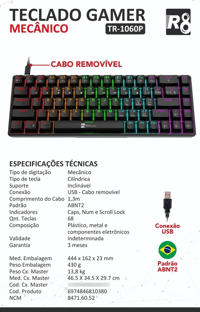 Imagem 2 de 2 do produto Teclado Gamer Mecânico LED RGB Tr-1060p