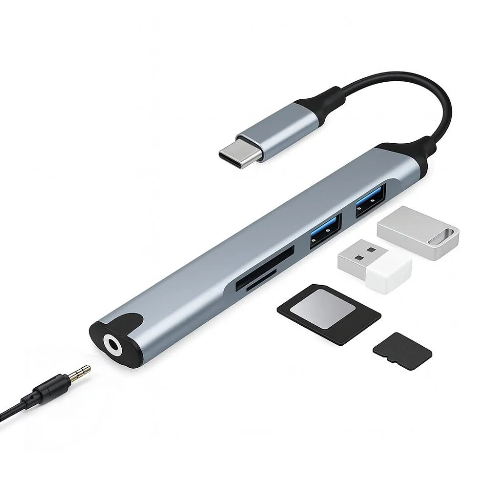 Imagem 2 de 3 do produto Adaptador Usb-c 6 Em 1 – Usb 3.0, Leitor Tf/sd, Entrada P2 E Alta Velocidade – Hub Tipo C Multifuncional - Verde