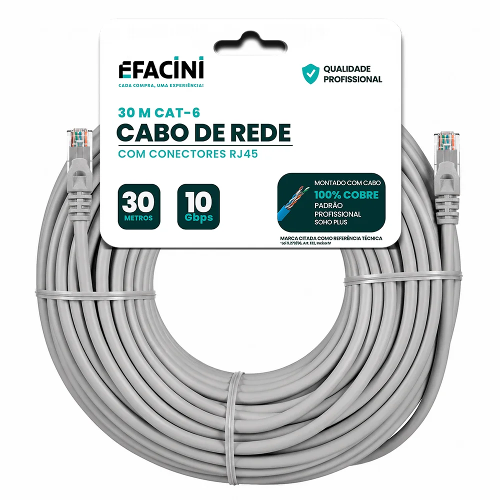 Cabo De Rede Efacini Cat6 Ef-Connect 100% Cobre, Anatel 30 Metros