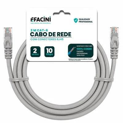 Cabo De Rede Efacini Cinza Cat6 Ef-Connect 100% Cobre, Anatel 2 Metros