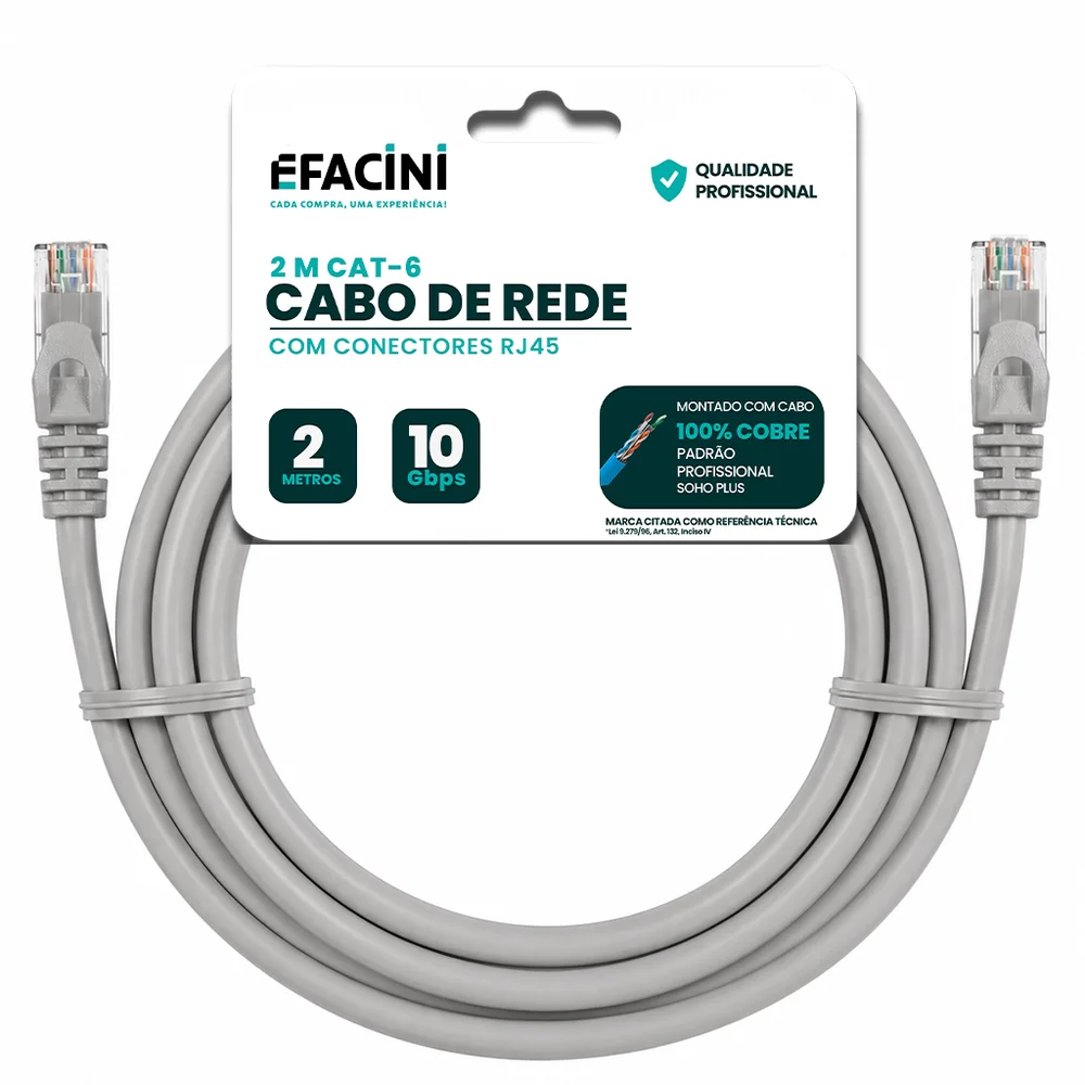 Cabo De Rede Efacini Cinza Cat6 Ef-Connect 100% Cobre, Anatel 2 Metros