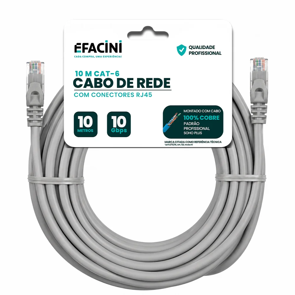 Cabo De Rede Efacini Cat6 Ef-Connect 100% Cobre, Anatel 10 Metros