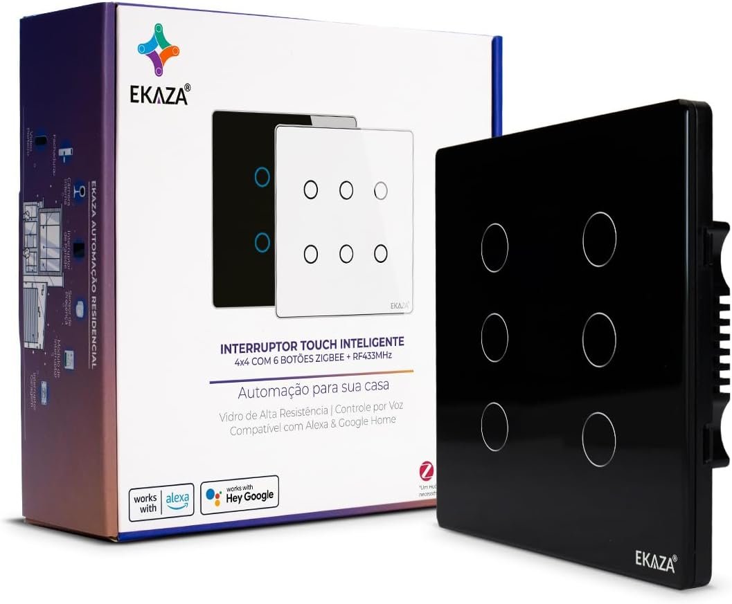 Interruptor Inteligente 6 Botões  4x4 Zigbee Preto Google Home  Alexa Ekaza Ekat-t3074-6pz