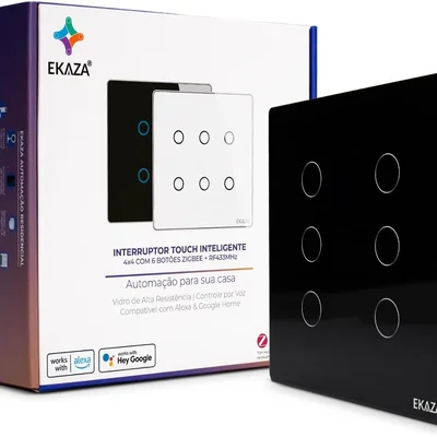 Interruptor Inteligente 6 Botões  4x4 Zigbee Preto Google Home  Alexa Ekaza Ekat-t3074-6pz