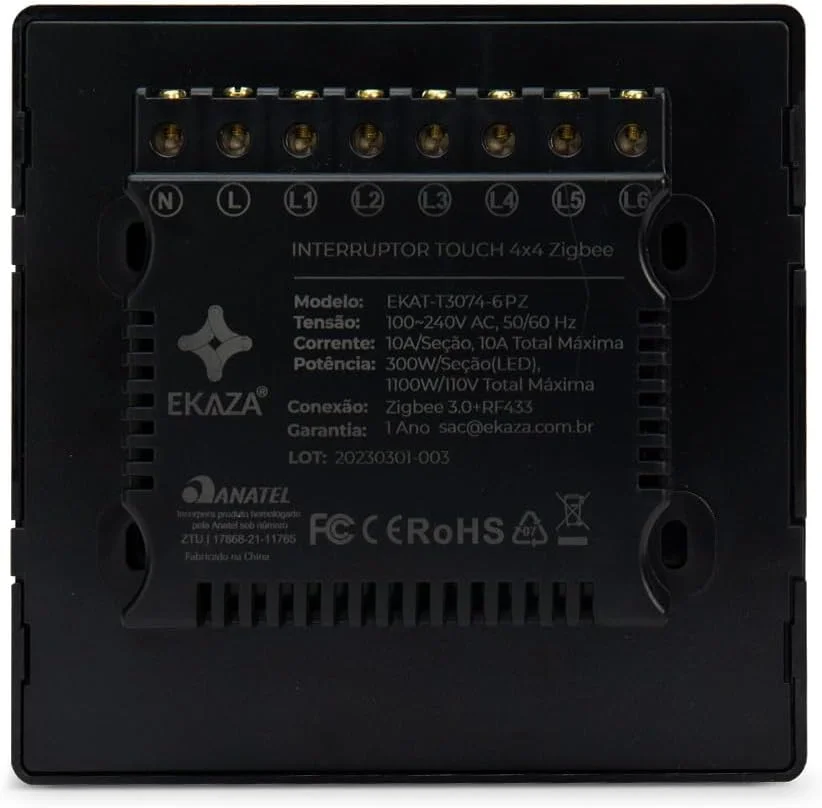 Imagem 3 de 5 do produto Interruptor Inteligente 6 Botões  4x4 Zigbee Preto Google Home  Alexa Ekaza Ekat-t3074-6pz