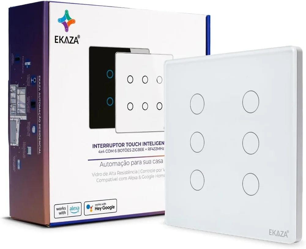 Interruptor Inteligente 6 Botões  4x4 Zigbee Branco Google Home  Alexa Ekaza Ekat-t3074-6wz